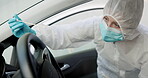 Science, csi and swab for dna evidence in crime scene car for investigation of accident and burglary with hazmat.
Forensic, research analysis and person with sample collection for medical observation