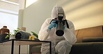 Csi, photographer and forensic at crime scene for investigation of house burglary or murder analysis. Evidence, person and digital pictures in hazmat for observation, examination and case research