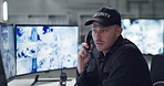 Man, phone call or talking with cctv monitor for protection, security service and building safety check. Face, video surveillance agency or male guard in control room with footage or camera for crime