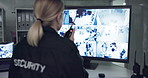 Woman, walkie talkie or screen for cctv monitor for protection, security service or building safety. Back view, video surveillance agency or person in control room with footage or camera at night