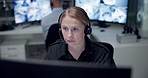 Emergency, call center and woman on computer for support, first responder and customer service. Telecommunication, surveillance office and person with headset for security, helpline and contact