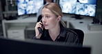 Emergency, phone call and woman on computer for service, first responder and customer support. Telecommunication, surveillance office and person with telephone for security, helpline and contact