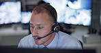 Emergency, call center and man for consulting service, first responder and customer support on computer. Telecommunication, surveillance office and person with headset for security, help and contact