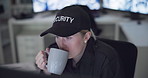 Woman, coffee and computer for cctv monitor for protection, security service or building safety. Face, video surveillance agency and female person in control room with footage or camera for crime