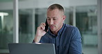 Business, phone call or man with laptop, conversation or planning with schedule or communication. Person, corporate or professional with computer or cellphone with internet, digital app or connection