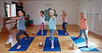 Senior woman, yoga and pilates with class for zen, spiritual wellness or balance together. Elderly people, yogi or group in coaching, warrior pose or fitness for health, exercise or awareness on mat