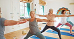 Elderly woman, pilates and zen with class for yoga, spiritual wellness or balance together. Senior people, yogi or coach in relax, fitness or warrior pose for awareness, stretching or indoor exercise