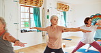 Elderly woman, stretching and zen with yoga class for spiritual wellness, gym or balance together. Senior people, yogi or peace in relax or warrior pose for fitness, awareness or indoor exercise