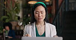 Woman, video call and restaurant with laptop, remote work and conversation for project, meeting and internet. Discussion, job and explain feedback to copywriter and working on social media campaign