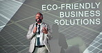 Man, lecture and educate or speaking presentation, eco friendly and business solutions for sustainable environment. Waste reduction, renewable product ideas and supply chain information seminar