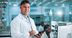 Scientist, tablet or lab as research, innovation or future of digital, data analysis or big pharma. Young male doctor, tech or healthcare, biotech or investigation at pharmaceutical drugs company