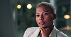 Confused, thinking or black woman with computer in office for research, planning or b2b night communication. Working late, questions and African entrepreneur with pc search, brainstorming or solution