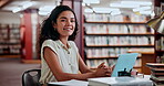 Woman, face and smile at laptop in library for online research project for higher education, university or scholarship. Female person, student and internet connection for campus, learning or books