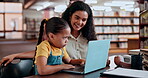 School, tutor or girl in a library with laptop for elearning, knowledge or development for future growth. Lady teacher, education or child student typing online with parent, mother or woman for help