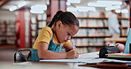 Child, writing and homework in library for education knowledge or school alphabet, development or learning. Girl, kid and pen for creative project as youth student with drawing, notebook or paper