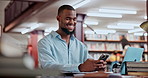 Happy, education or black man in library with phone meme for learning knowledge or development. Social media, smile or student at school studying course to search on online blog or mobile app news