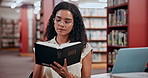 Library, bible and woman with peace, information and spiritual with religion and Catholic. Christian, person and believer with a book and holy scripture with education and guidance with faith college