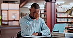 College, stress or student in library with paper for brainstorming, deadline or research on laptop. Crumpled, burnout or frustrated black man with fatigue, notes or brain fog at school or university