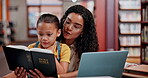 Woman, child and bible with library, faith and reading for future growth and knowledge. Teacher, kid and smile with help, development and english education for creativity and religion learning