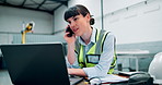 Engineer, laptop and woman on mobile call in construction site for business project, building and trade industry. Female person, talking and professional with computer as happy contractor at work