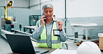 Engineer, laptop and woman in phone call in construction site for business project, building and trade industry. Senior person, talking and professional with computer and cellphone while working