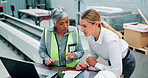 Warehouse, laptop and worker in discussion with manager for logistics, distribution and brainstorming. Women, boss and communication with tech for production idea, planning or supply chain management