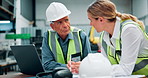 Tablet, laptop and foreman with engineer on site with research for maintenance, repairs or building project. Computer, digital technology and manager with industrial worker in discussion in office.