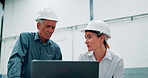 Laptop, conversation and manager with construction worker planning architecture for maintenance. Discussion, computer and foreman working with female engineer on site office for repairs or building.