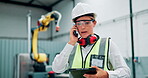 Phone call, woman and tablet in factory for communication, contact or information for work in industrial career. Female person, engineer or manager with mobile technology for planning or distribution