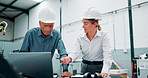 Computer, discussion and manager with construction worker planning architecture for maintenance. Conversation, laptop and foreman working with female engineer on site office for repairs or building.