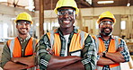 Face, leader and carpenter team in workshop, men with arms crossed for trade and confidence in workplace. Pride, carpentry and professional service, artisan and partnership at factory in portrait