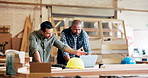 Teamwork, coworker and architect with laptop in desk or typing, collaboration and discuss design. Workplace, colleagues and men as engineer with meeting in startup business for construction project