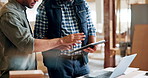 Hands, coworker and architect with tablet for ideas as teamwork, collaboration and discuss design. Men, closeup, and engineer with technology for business meeting or construction project as colleague