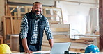 Black man, architect and smile at workplace with laptop for building ideas, plan and design online. Mature person, portrait and happy as engineer with startup business and construction project