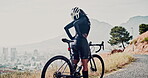 Nature, exercise and cyclist with stretching by bicycle for sports, marathon training and fitness. Warm up, woman and bike on trail for cardio workout, journey and morning adventure on mountain