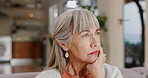 Old woman, thinking and memory with reflection in retirement, relax in lounge for nostalgia and life history. Waiting, vision and remember the past with pension, dream or wonder with wellness at home
