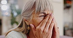 Old woman, headache or regret with pain or stress, brain fog and fatigue at nursing home for mental health. Retirement, pension and migraine with crisis, senior care with vertigo or depression