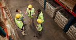 Industrial, business team and factory talk with management, logistics and manufacturing planning in a warehouse. Distribution, inspection and working from above with inventory conversation and staff