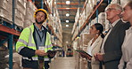 Industrial, business team and factory with management, logistics and manufacturing planning in a warehouse. Distribution, inspection and leader working with talk and inventory conversation with staff