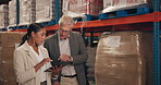 Industrial, factory and business people walking with management, tablet and planning in a warehouse. Distribution, inspection and leader working with talk and inventory conversation with staff