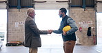 Industrial, handshake and business men at warehouse with management success and agreement. Civil engineering, company development and shaking hands with partner and planning for professional project