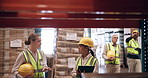 Woman, team and discussion with engineer for storage, inspection or inventory on shelves at warehouse. Female person or contractors talking and monitoring stock for logistics or distribution at depot
