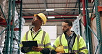 Tablet, logistics and supply chain with warehouse team walking together to check stock or storage. Delivery, product or shelves with factory collaboration of men in plant for ecommerce technology