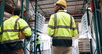 Distribution, inspection and supply chain with warehouse team walking together to check stock or storage. Delivery, product logistics and shelves with factory collaboration of men in plant from back