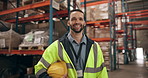 Man, portrait and smile with distribution warehouse, supply chain and happy for career in logistics. Shipping, delivery and storage for cargo with helmet for safety, confidence and professional