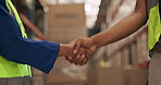 Distribution, warehouse and people with handshake for deal, onboarding or worldwide trade achievement. Logistics, agreement and b2b in factory for welcome, trust and shaking hands in global export.