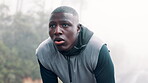 Black man, forest and tired with run for fitness with cardio and hands on knees in California. Workout, exercise and active as runner for health living or wellness with morning jog and wellbeing
