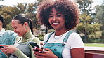 Phone, friends and face of woman in park at university for social media, networking or online chat on bench. College, portrait and people laugh on smartphone for funny website, internet meme and text