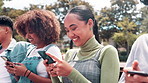 Phone, friends and people in park at university for social media, networking and online chat on bench. College, campus and men and women laugh on smartphone for funny website, internet meme and text