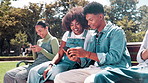 Happy friends, bench and browsing with phone for social media, entertainment or networking at outdoor park. Man and woman or students relaxing with smile on mobile smartphone or internet in nature